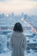 Woman looking at snowy city skyline from rooftop in winter morning