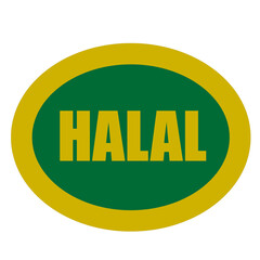 Word “Halal” written in elegant gold typography on a green background. Concept representing Islamic values, purity, and authenticity. Suitable for halal business promotions, branding, and Islamic prod
