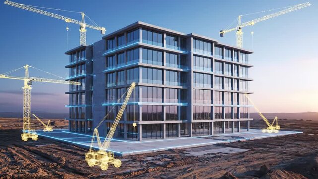 Blueprint to reality, conceptual design of a high rise building under construction with glowing cranes. Modern architecture plan footage.