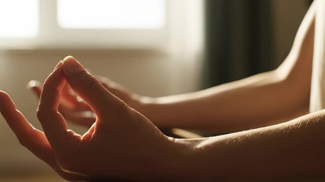 Woman performing Gyan mudra hand gesture in bright room for spiritual meditation or yoga practice footage