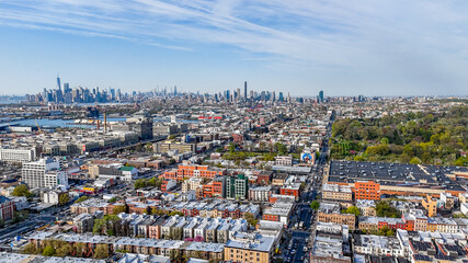 Aerial landscape of Manhattan skyline from Sunset Park Borough Park Brooklyn in New York City NY