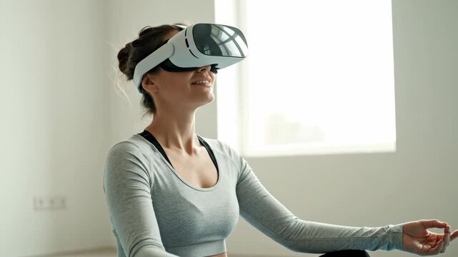 Woman mediating with virtual reality glasses. New technology for mental calm and yoga practice. Modern health footage.