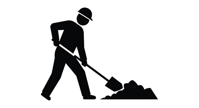 Silhouetted construction worker in hard hat diligently shoveling a pile of dirt and debris with a robust shovel. silhouette
