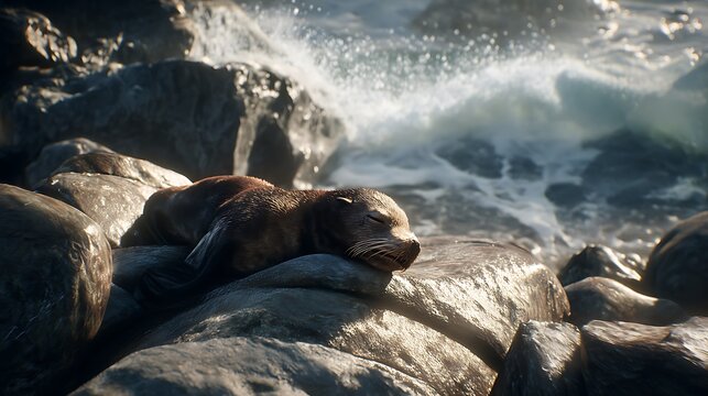 Sleeping seal on rocks by the ocean waves wildlife photography nature animal cute adorable mammal marine life coast