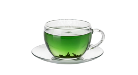 A clear glass cup holds steaming green tea on a matching saucer against a transparent background.