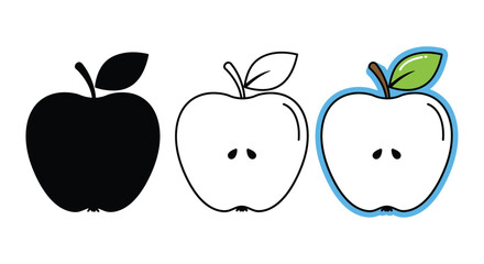 Three distinct apple representations silhouette half cut and colorized fruit icons for healthy food design silhouette