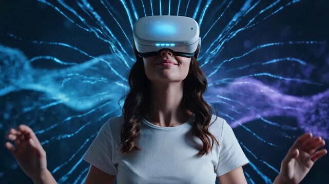 A woman in a virtual reality headset interacting with digital metaverse content for innovation and future technology footage.