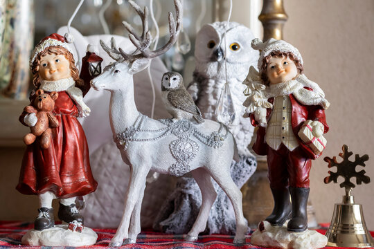 Vintage Christmas decorations for winter festive interior, selective focus