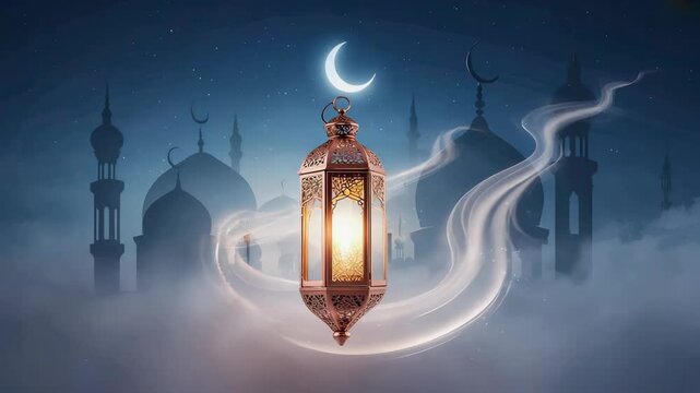 ornate islamic lantern glowing with warm light, surrounded by clouds and mist, silhouette of mosque domes and minarets in the background, crescent moon shining in the twilight sky