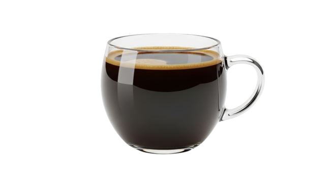 A clear glass mug holds dark brewed coffee with a light foam layer, set against a black backdrop.