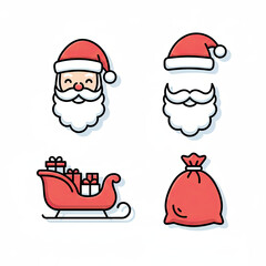 A cheerful flat icon set of Santa Claus with hat, beard, sleigh, and gift bag, perfect for fun Christmas designs and greeting cards, Ai Generate.