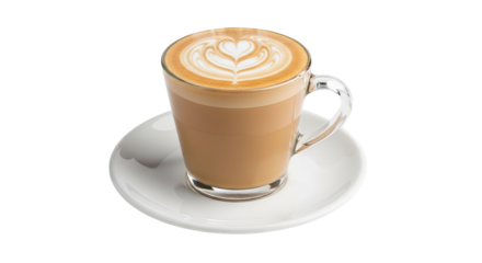 A warm latte art with delicate heart design sits on a white saucer against dark backdrop