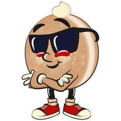 cute sugar donut bun mascot cartoon character vector illustration wearing sunglasses folding his arms calmly, sweet bakery dessert food icon isolated, work of hand drawn