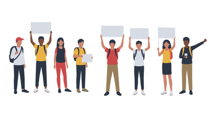 Diverse group of young people holding blank signs protest activism demonstration crowd students unity demonstration silhouette