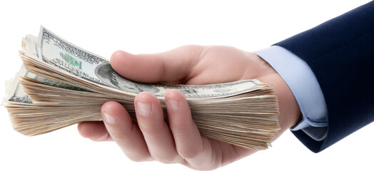 Successful businessperson hand holding stack of dollar bills. Financial prosperity