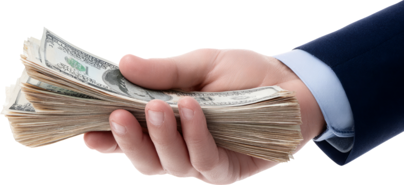 Successful businessperson hand holding stack of dollar bills. Financial prosperity