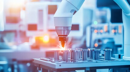 Robot arm welding metal in modern factory high-tech industrial production line