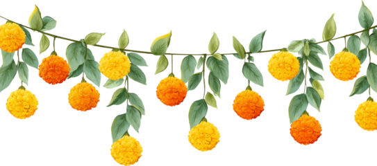 Vibrant orange and yellow marigold garland. Festive decoration for joyful celebration