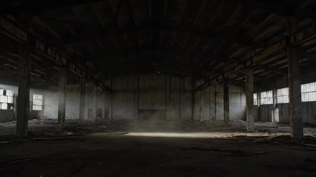Light beam through dust in abandoned industrial building with ghostly particles and decaying interior video