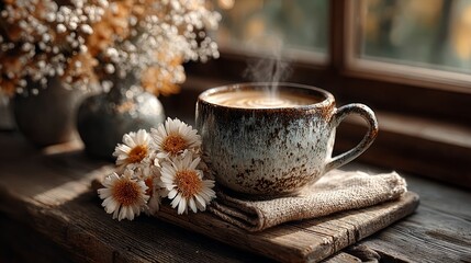 Fototapeta premium Cozy coffee time in a warm home peaceful morning light happy vibes comforting environment
