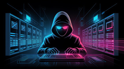 Hacker in Hood with Glowing Glasses Typing on Keyboard in Server Room cybercrime security