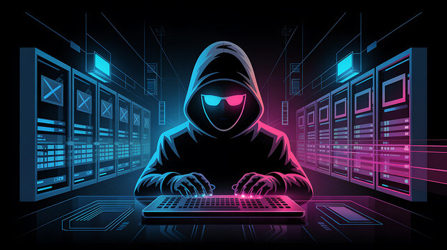 Hacker in Hood with Glowing Glasses Typing on Keyboard in Server Room cybercrime security