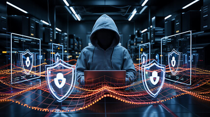 Hacker in Hood Working on Laptop Surrounded by Digital Shields and Server Racks cyber security