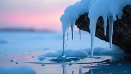 Sunlit Thaw Icicles melting and dripping into a pool of clear water on a rocky outcrop in early spring. A shot focusing on melting icicles dripping onto a rocky outcrop, with the water forming a