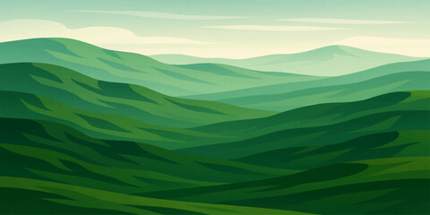 Green summer mountain landscape with blue sky, clouds, and sun on the horizon