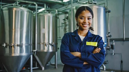 portrait of confident female worker in modern factory, crossed arms, smiling, industrial background with pipes and tanks