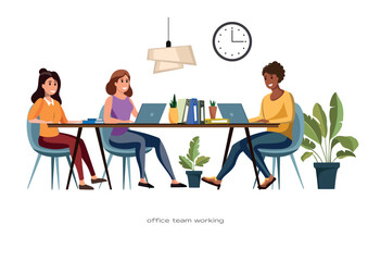Flat vector illustration of diverse office team working together on a project