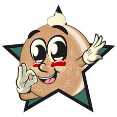 cute sugar donut bun mascot cartoon character vector illustration out from of a star by giving an OK sign, sweet bakery dessert food icon isolated, work of hand drawn