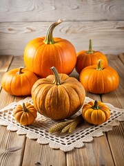Pumpkins on a wooden table with a white lace doily in a studio setting ai generated