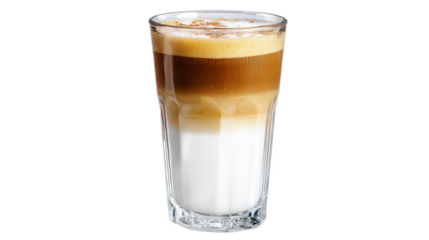 Glass of Layered Coffee Beverage with Cream and Frothy Foam Against a Neutral Background for Gastronomy and Café Themes