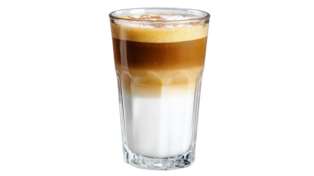 Glass of Layered Coffee Beverage with Cream and Frothy Foam Against a Neutral Background for Gastronomy and Café Themes