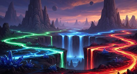 Vibrant Fantasy Landscape with Glowing Rivers and Luminous Waterfalls.