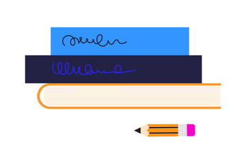 Stack of three colorful books with a pencil. Ideal for education, school, library, and reading projects. Minimal vector illustration, isolated high resolution PNG