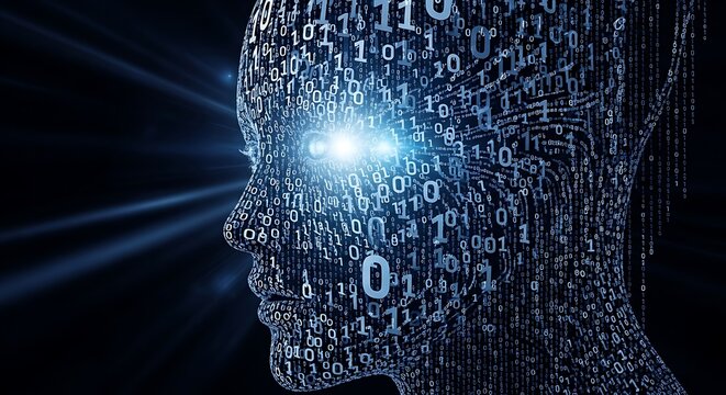Digital human head profile formed with binary code against a dark background - Powered by Adobe