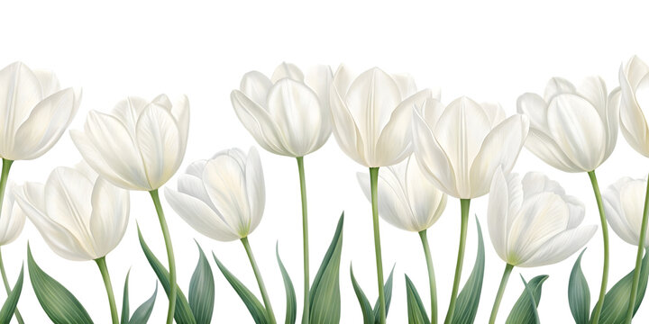 Seamless border of white tulips isolated on transparent background for design use