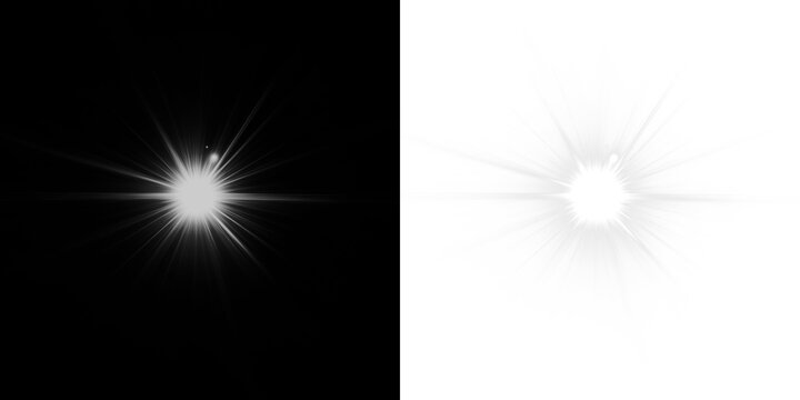 Bright light burst overlay on contrasting black and white backgrounds, creating a dynamic visual effect for creative design projects and enhancing imagery with striking illumination