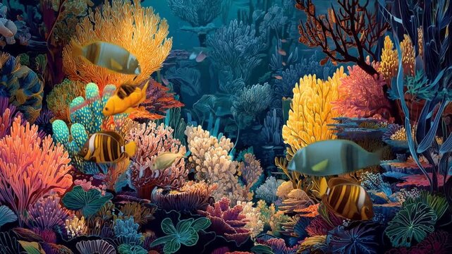 Colorful underwater scene with coral reef and tropical fish
