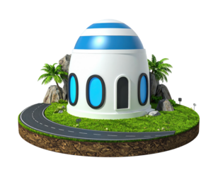 A spherical structure with a blue and white striped dome, sits on a grassy base with road, rocks, and palm trees