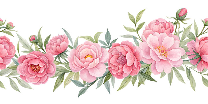 Watercolor seamless border with pink peony flowers isolated on transparent background