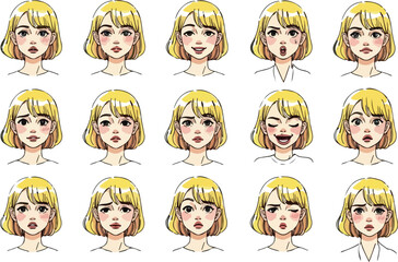 Fototapeta premium Set of woman face expressions diverse emotions in cartoon style vector illustration