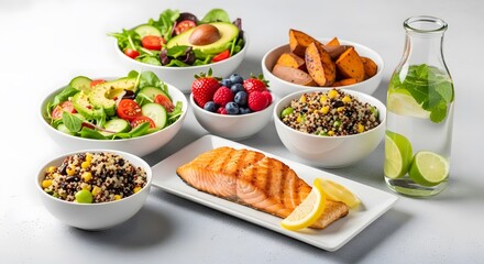 Healthy grilled salmon meal with fresh salads berries and infused water for a nutritious diet