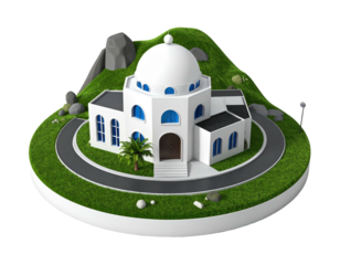 Rendered image of a white domed building on a grassy hill with a circular road around it