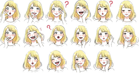Fototapeta premium Set of woman face expressions hand drawn style showing different emotions and feelings