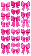 Array of stylized, vibrant pink satin bows on a white backdrop