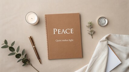 Peaceful Workspace with Journal, Candle, and Natural Decor Elements
