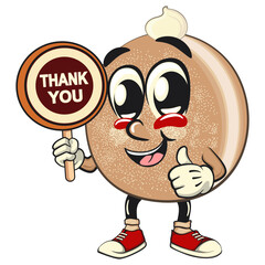 cute sugar donut bun mascot cartoon character vector illustration carrying a sign saying thank you, sweet bakery dessert food icon isolated, work of hand drawn